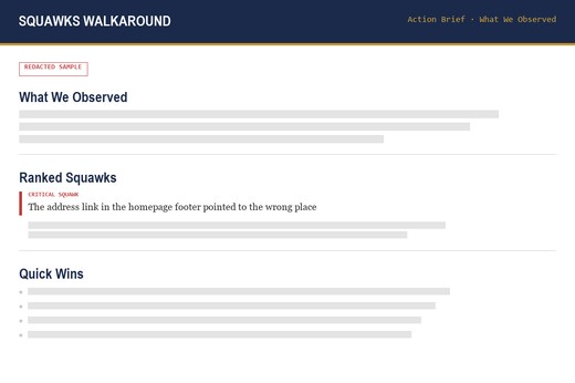 Redacted preview of a Walkaround Action Brief page, showing the What We Observed and Ranked Squawks sections with most text blocked out